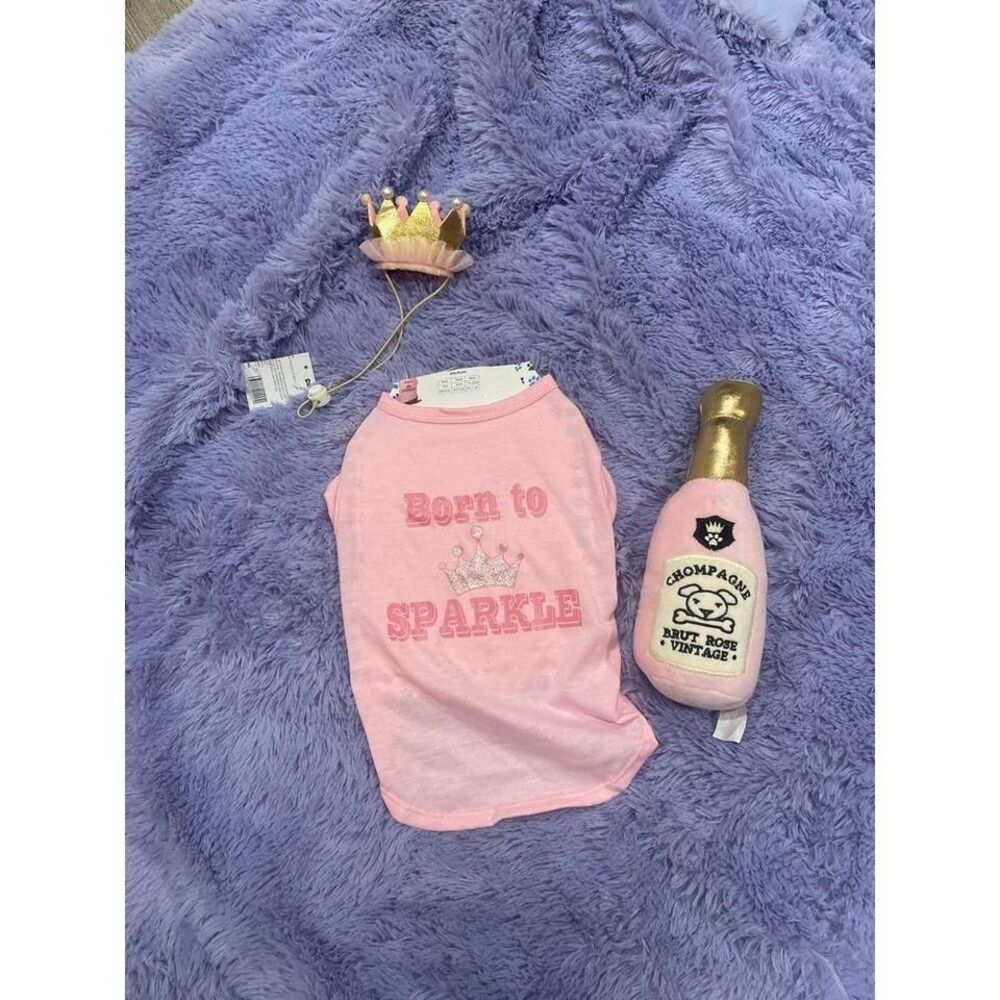 Medium Dog Birthday Shirt , Crown and Chompagne Toy‎